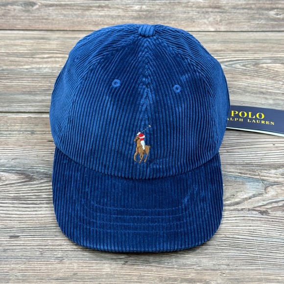 Polo Ralph Lauren Corduroy Ball Cap Navy Blue Adjustable Leather Strap NWT